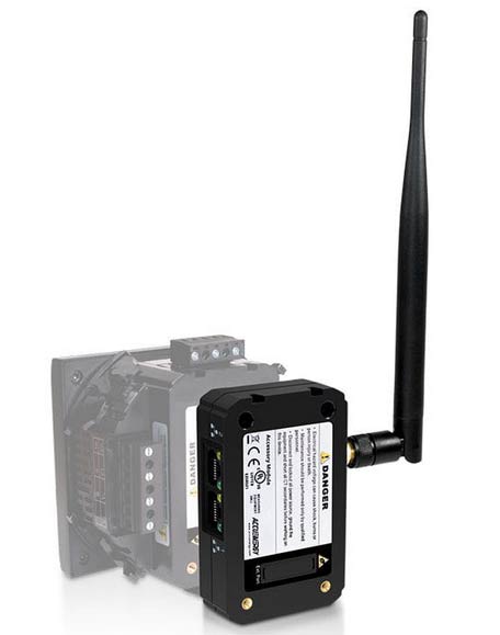 AXM-WEB2 | Weschler Instruments Black wireless RF module with a long external antenna attached to a compact control unit.