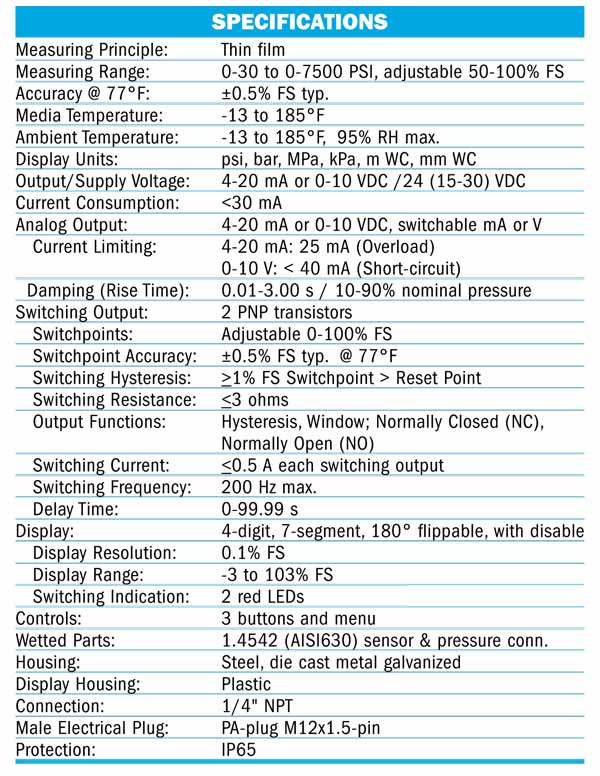 Kobold PSD Digital Pressure Sensor Specs