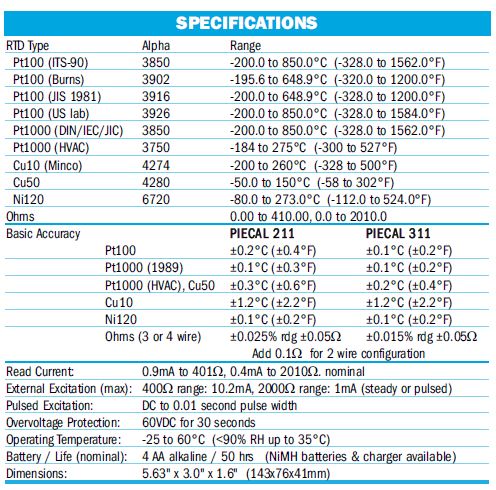 PIE Temperature Calibrators Specs