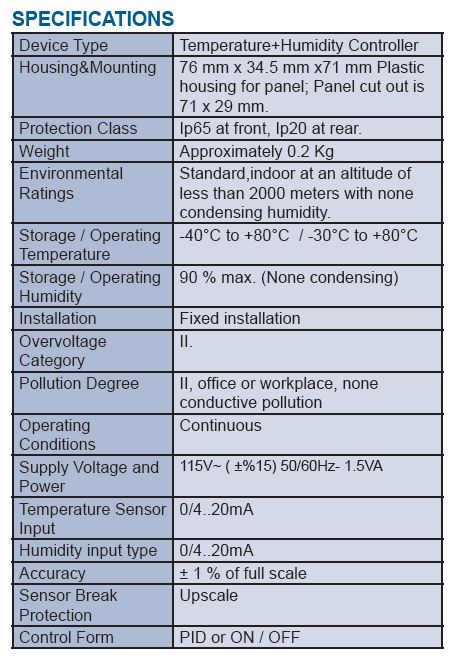 Kessler-Ellis mL-HTC Temperature + Humidity controller Specs